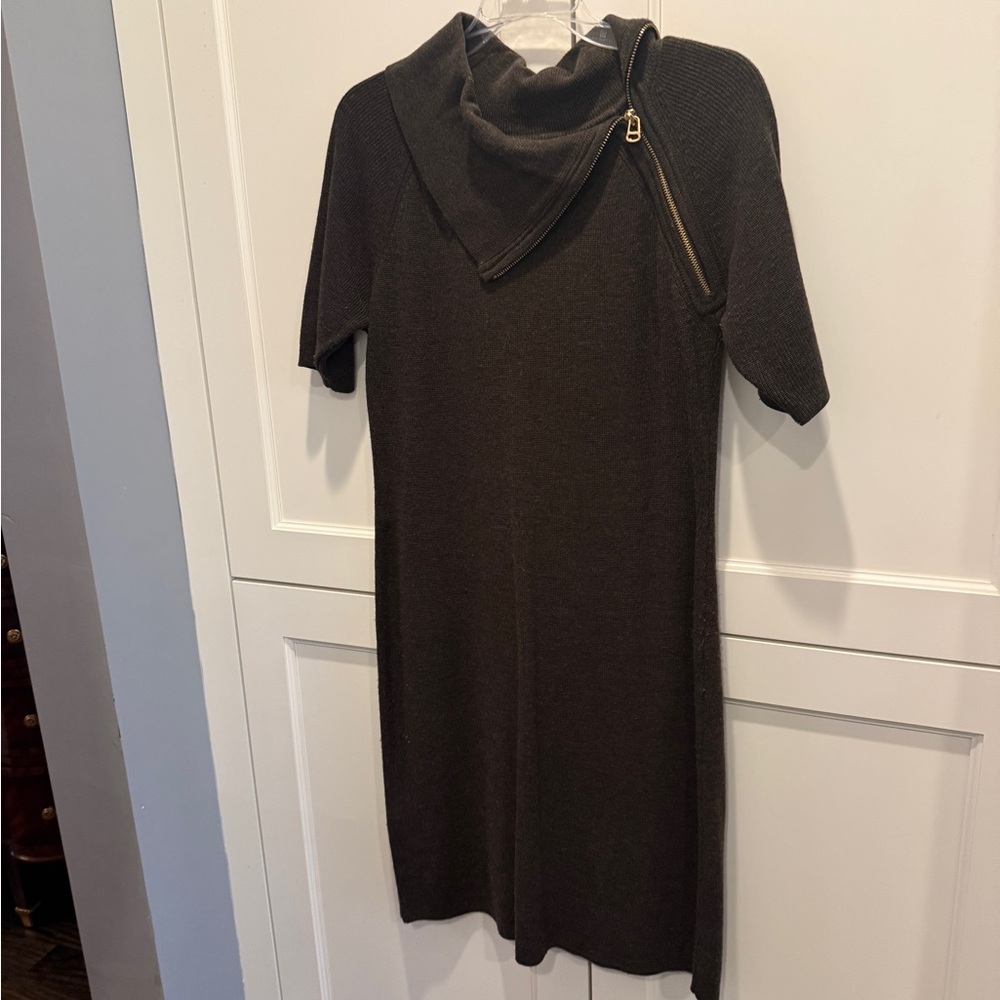 Calvin Klein M Sweater Dress Womens Zipper Collar Brown Ribbed Short Sleeve